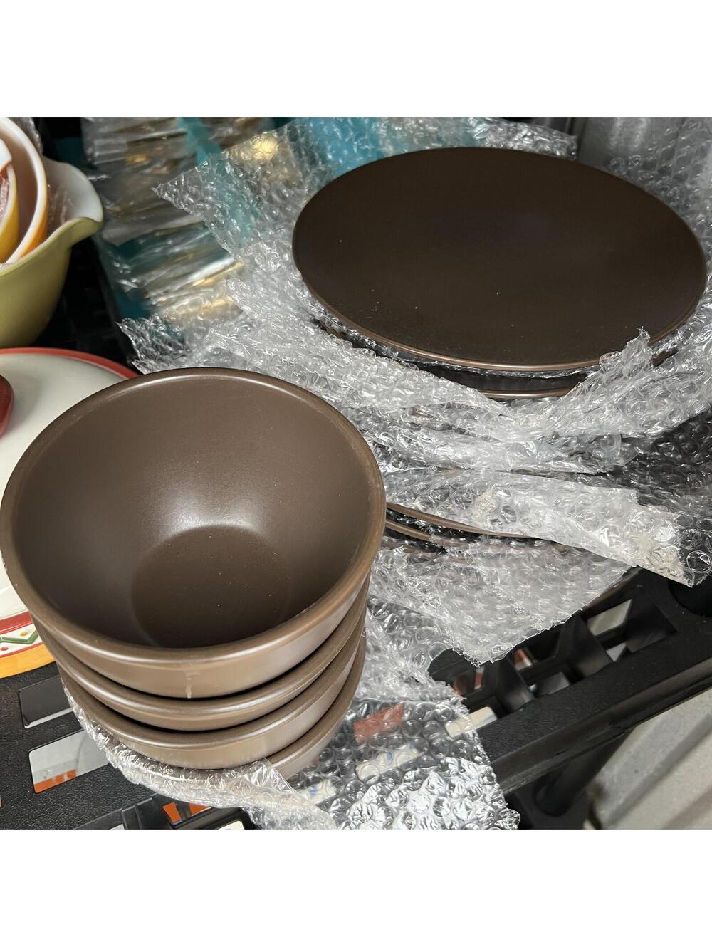 Brown Ceramic Bowls and Plates - 4 Person Set